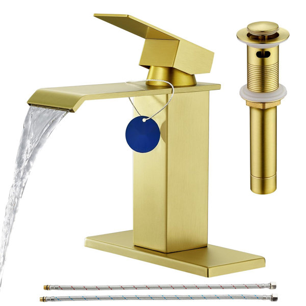 FEIYAN Brushed Gold Bathroom Faucet 1 Hole,Gold Waterfall Bathroom Faucet Single Handle Bathroom ...